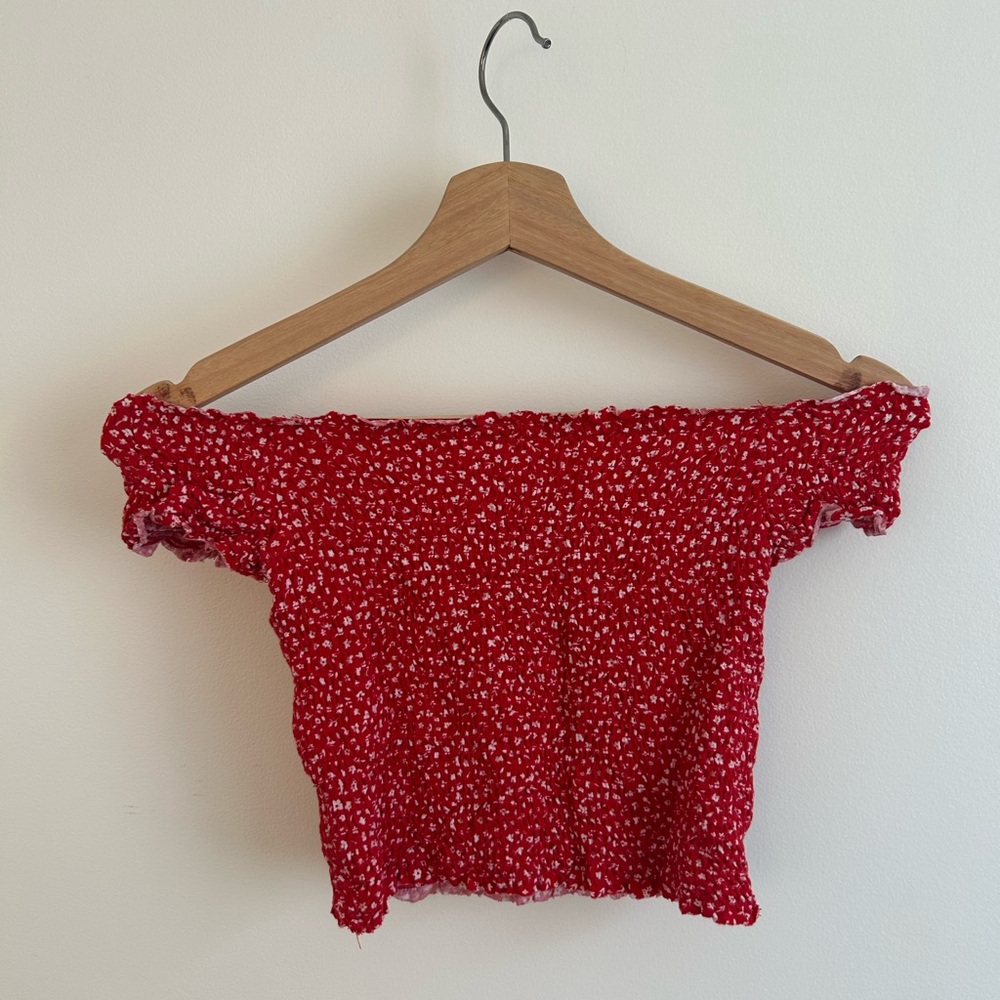 Garage Red Smocked Off-Shoulder Crop Top with White Ditsy Print